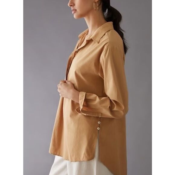 By ANTHROPOLOGIE Women’s Tan Button-Side Cotton Tunic Blouse Long Sleeve Size Me - Picture 2 of 11